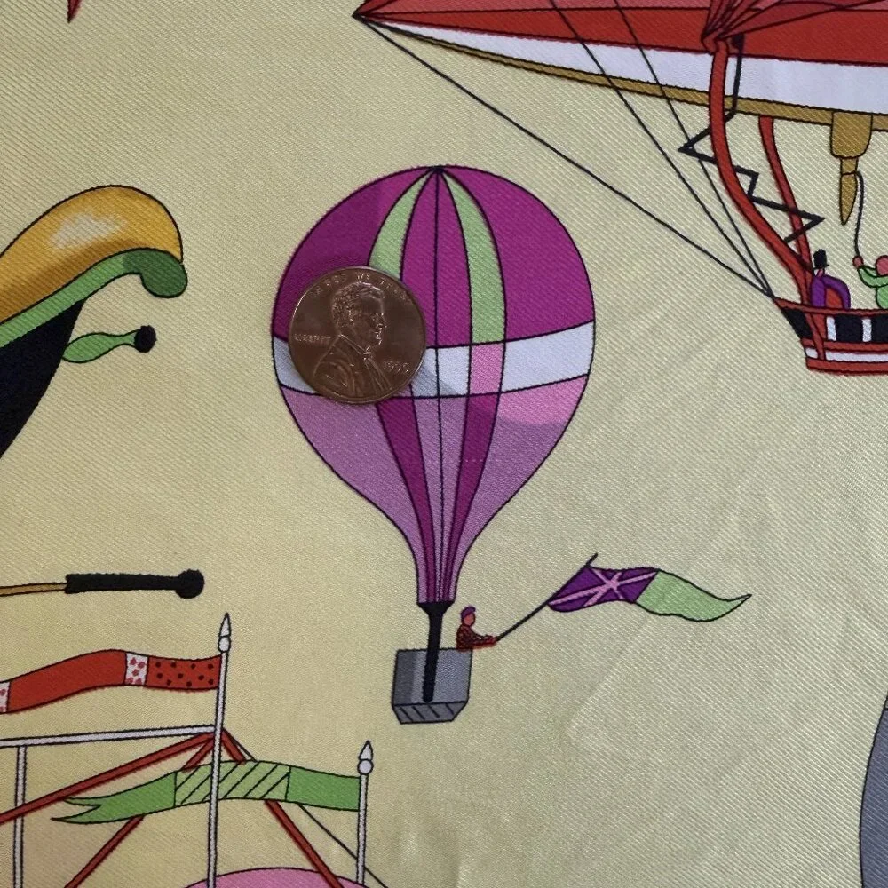 HERMES Vintage Les Folies du Ciel Yellow 90 cm Silk Square Scarf Box Good RARE - Picture 11 of 16